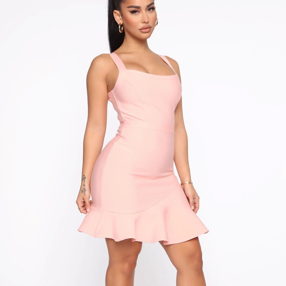 Pink Ruffle Hem Mini Bandage Dress